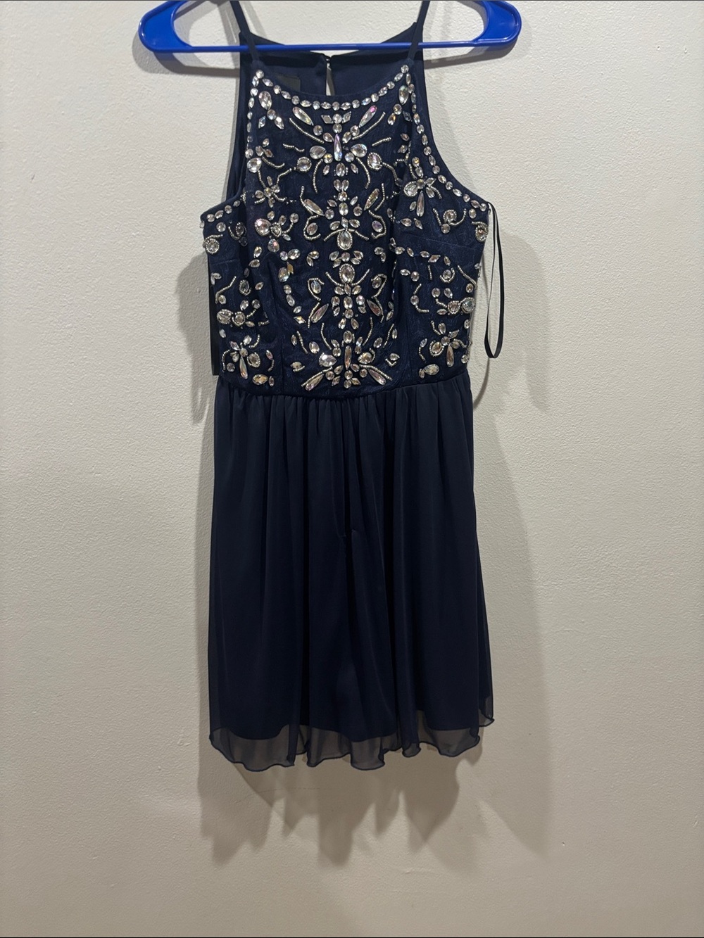 BCX Navy Halter Dress with Crystal Embellishments